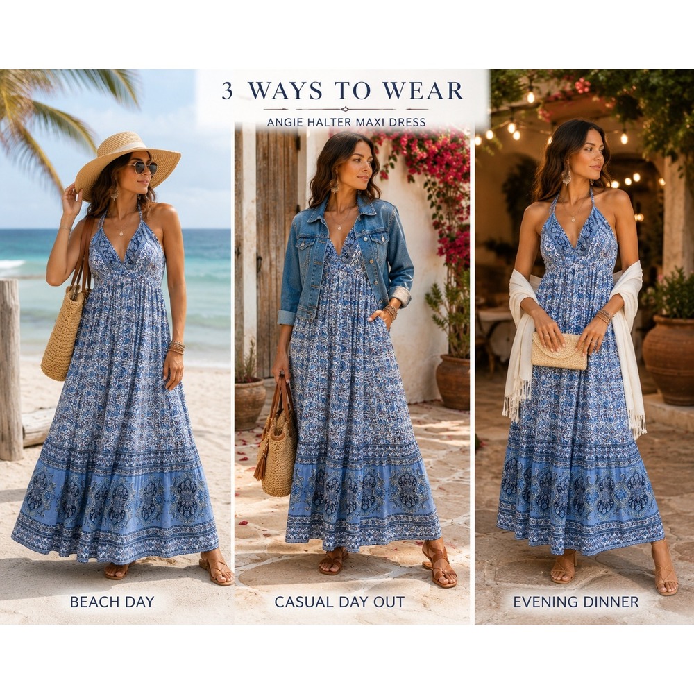 Angie Blue Paisley Floral Halter Maxi Dress Women Large Boho Festival Summer - Picture 2 of 11